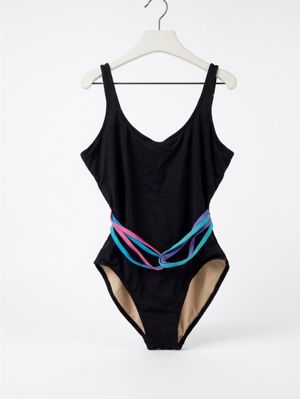Authentic vintage Nicole Wior Black
Swimsuit Multicolor Belt Scoop
Neck and back